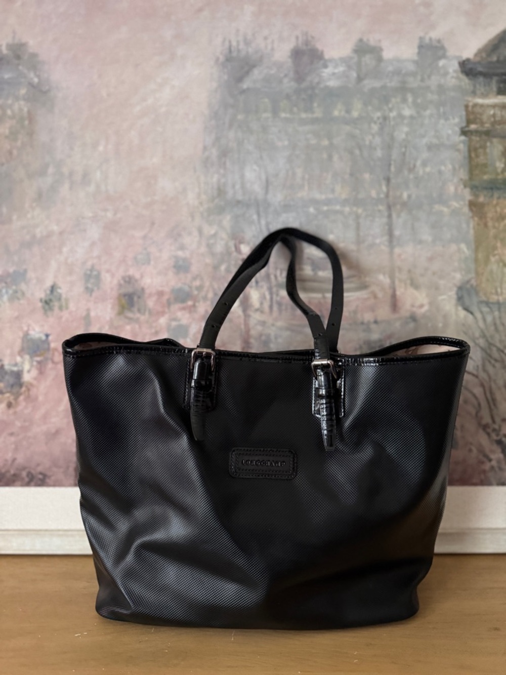 Longchamp Large Black Vinyl Tote Bag